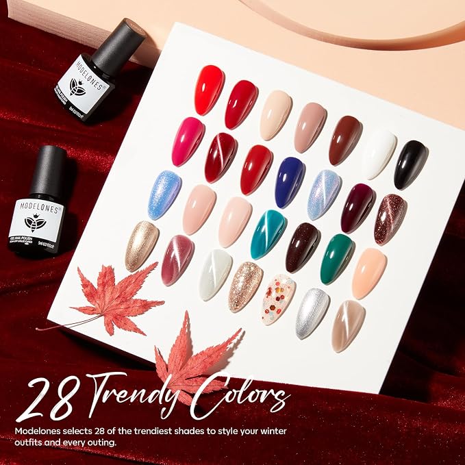 modelones 32 PCS Gel Nail Polish Kit, 28 Colors Gel Polish with Blooming Gel, Base Coat, Glossy & Matte Top Coat Cat Eye Jelly Glitter Chameleon Soak Off LED Nail Art Kit Salon at Home