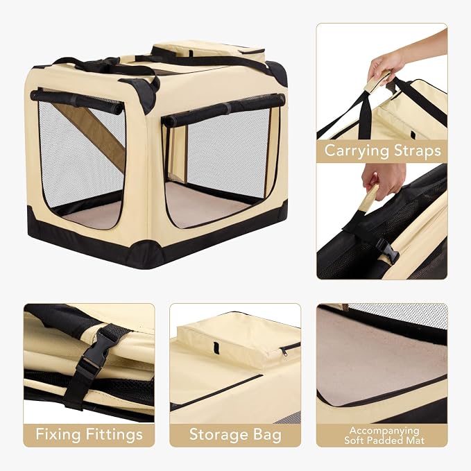 HICC PULE Collapsible Portable Kennel, 36 Inch Large/Medium Dog Kennel, 3-Door Soft-Sided Pet Crate for Indoor/Outdoor, Car Trip, Beige