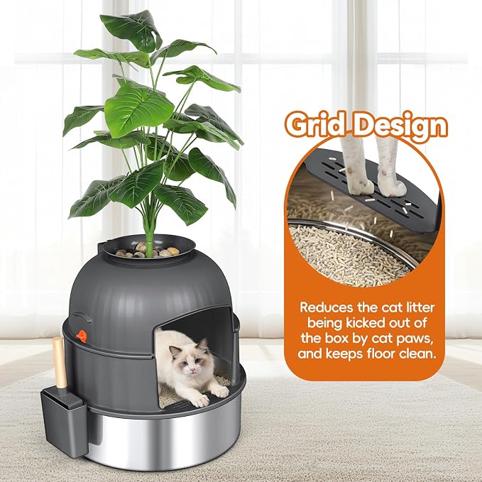Three-Section Hidden Cat Litter Box, Stainless Steel Litter Box, Cat Litter Box Hidden with Faux Plant & Scoop, Vented Filter for Odor Control, Hidden Litter Box Furniture, Home Decor (Grey)