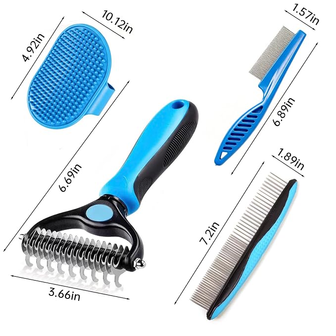 pet pro grooming tool, double-sided undercoat brush and stainless steel pin combflea comb. Ideal for grooming and removing long & matted hair of cats and dogs. (4-piece set)