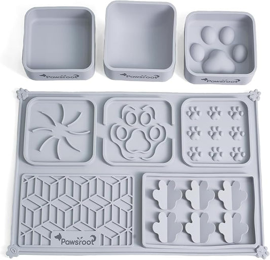 Extra Large Dog Lick Mat & Slow Feeder Bowl Set - XXL Silicone Enrichment Tray for Large Breeds - 2-in-1 Calming Puzzle Toy with 3 Removable Bowls (Dove Grey)