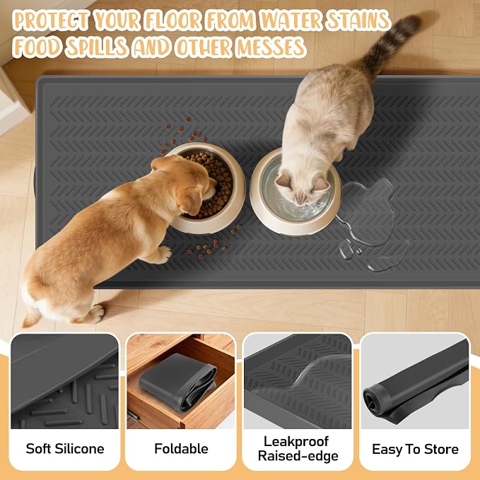 Kalolary Silicone Dog Food Mat, 55” x 16”Waterproof Pet Feeding Mat with High Raised Edge Avoid Spill Out,Dog Water Bowl Placemats for Indoor Easy to Clean