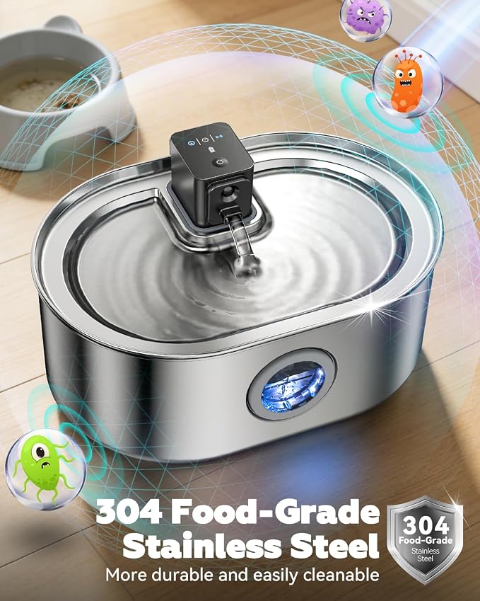 Wireless Dog Water Fountain, 8L/2.1Gal Battery Operated Dog Water Bowl Dispenser, Cordless Stainless Steel Pet Water Fountain with 3 Motion Sensor for Multi-Pets, Easy Setup