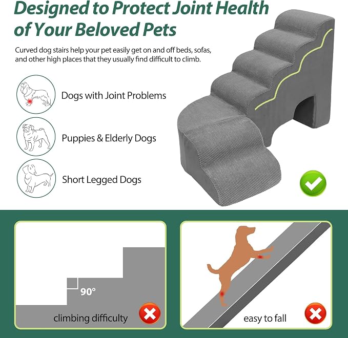 Dog Stairs for High Bed 28-32 Inches Tall, 6 Tier Non-Slip Pet Stairs Adjust to Left Side of Bed, Dog Steps for Small Dogs, Old Pets, and Injured Dogs, Gray