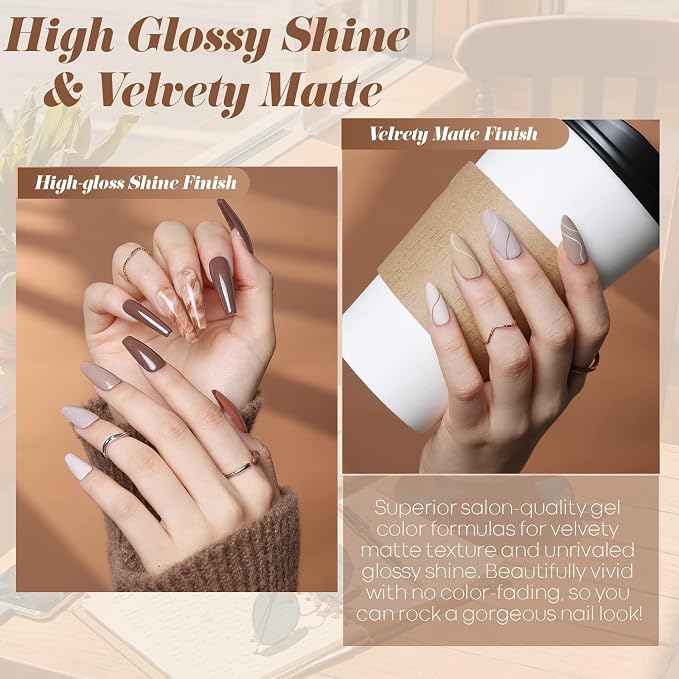 modelones Gel Nail Polish Set, 12 Colors Winter Neutral Nude Brown Gold Glitter Gel Polish Tawny Cinnamon Burdundy Maroon Classic Collection for All Skin Tones LED Nail Art Salon DIY Gift