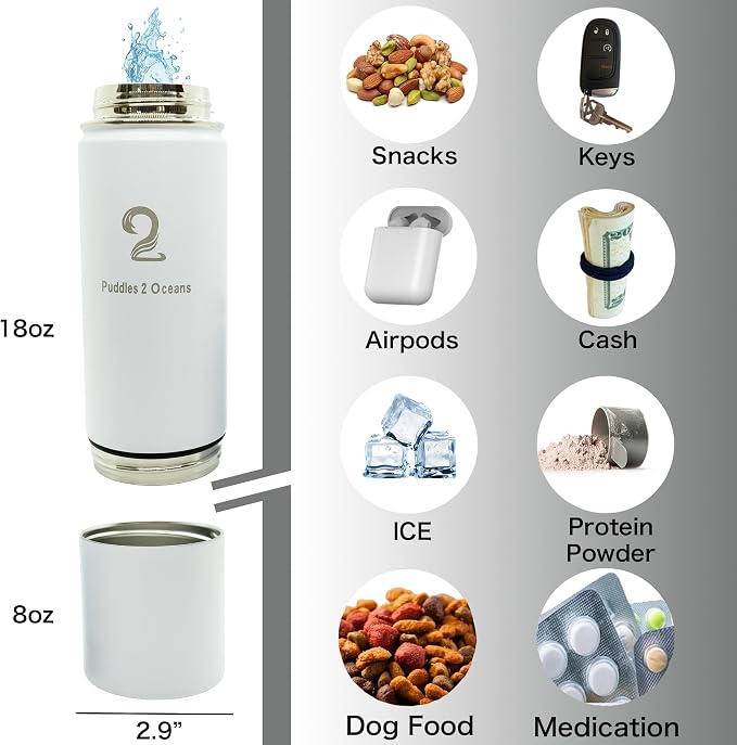 Insulated Water Bottle & Snack Container - Stainless Steel Water Bottle with Storage Compartment, 3 Lid Types BPA Free, Leak & Spill Proof Travel Bottle for Kids & Adults - Snack and Drink Cup