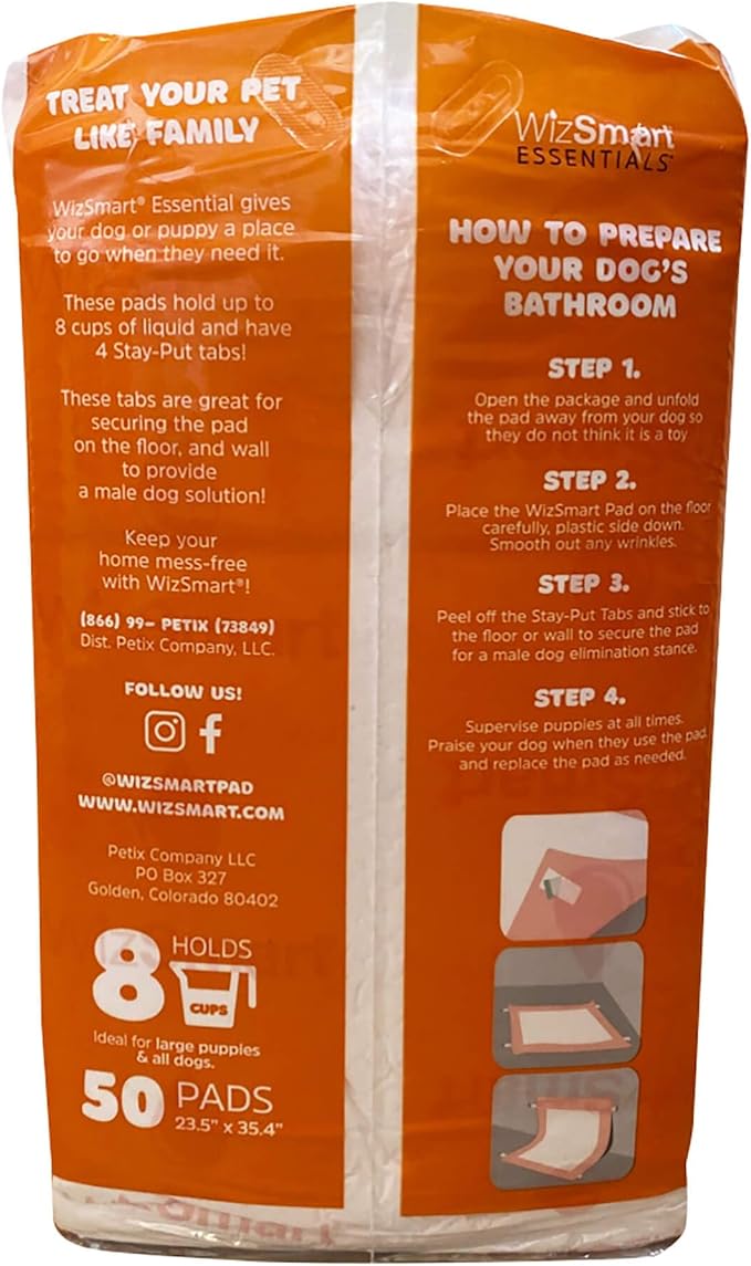 WizSmart Essentials Pads XL – Extra Large Dog Pads 23.5" x 35.4", Disposable Absorbent Pads for Large Dogs, Puppies, Senior Dogs, Incontinence, Urine, Water, Potty Training, Home, Travel - 50 Count