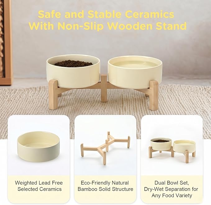SPUNKYJUNKY Elevated Dog Bowls Ceramic, 5.1'' Dogs and Cat Food Water Bowls Raised with Non-Slip Bamboo Stand for Puppy Small Sized Breed Microwave Dishwasher Safe - 13.5 OZ,Beige