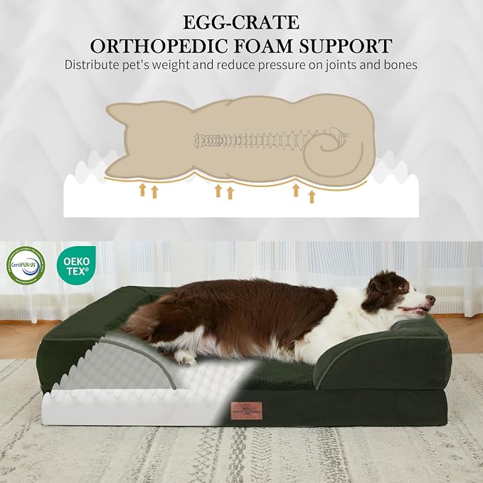 Comfort Expression Orthopedic Dog Bed for Large Dogs 36x27 Inch, Waterproof Egg Crate Foam Large Pet Bed with Removable Bolsters, Dog Couch with Washable Cover & Non-Slip Bottom, Olive Green