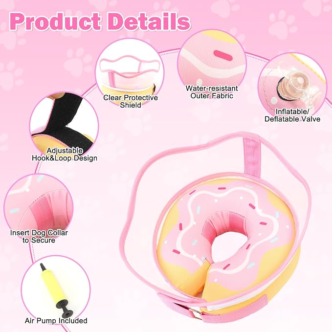 Inflatable Dog Cone Collar with Removable Clear Protective Shield, Soft Pet Recovery E-Collar for Dogs After Surgery, Adjustable Elizabethan Collar to Prevent Licking Biting Scratching (Pink, Small)