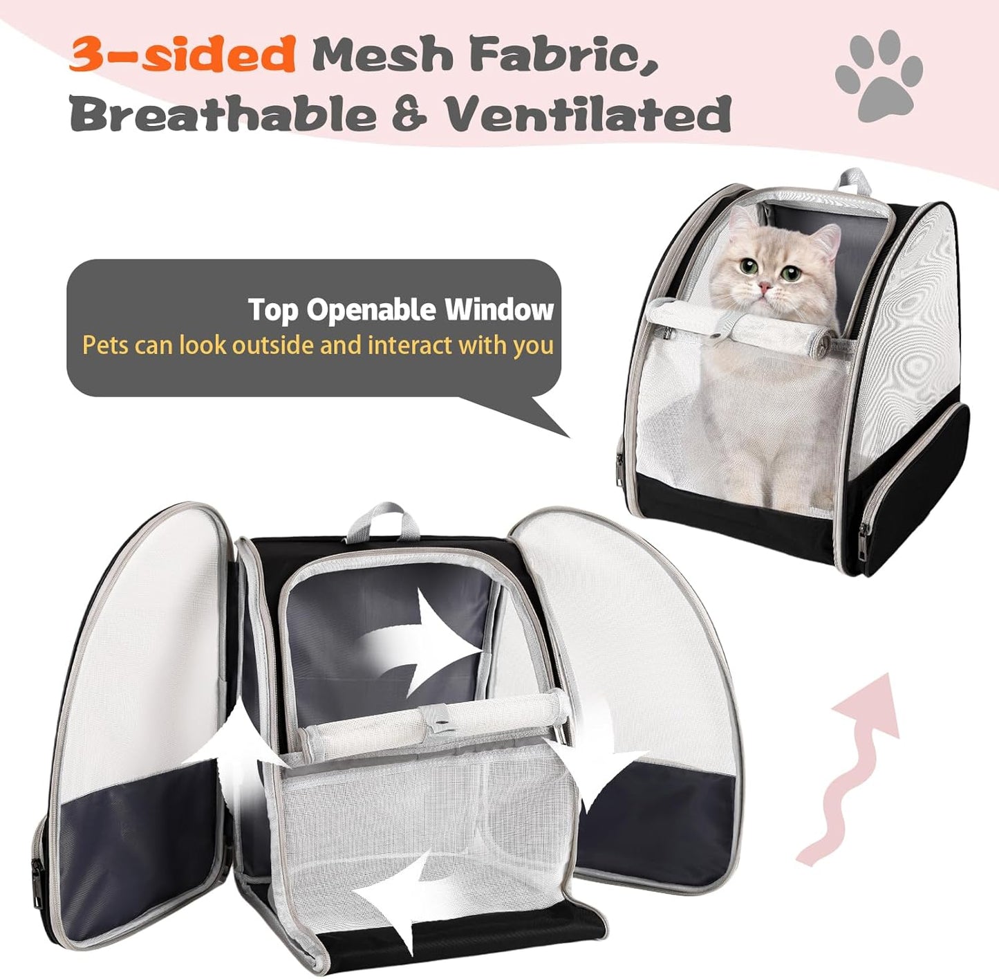 Cat Backpack Carrier,Pet Carrier Airline Approved for Small Dog Cat Puppy Kitten Bunny,Ventilated Mesh Design Animal Backpack for Hiking Camping Travel Bag (Black)