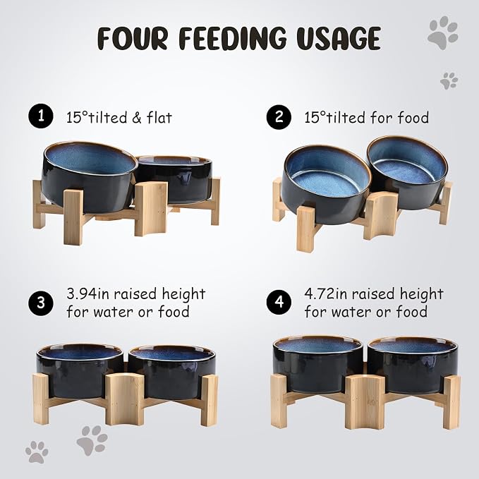 SPUNKYJUNKY 15° Slanted Ceramic Dog and Cat Bowl with Wooden Stand, Tilted Bulldog Food and Water Bowl No Slip Non-Spill for Cats Medium Dogs Big Face Pets 28.7 OZ (3.6 Cups, Starry Blue × 2)
