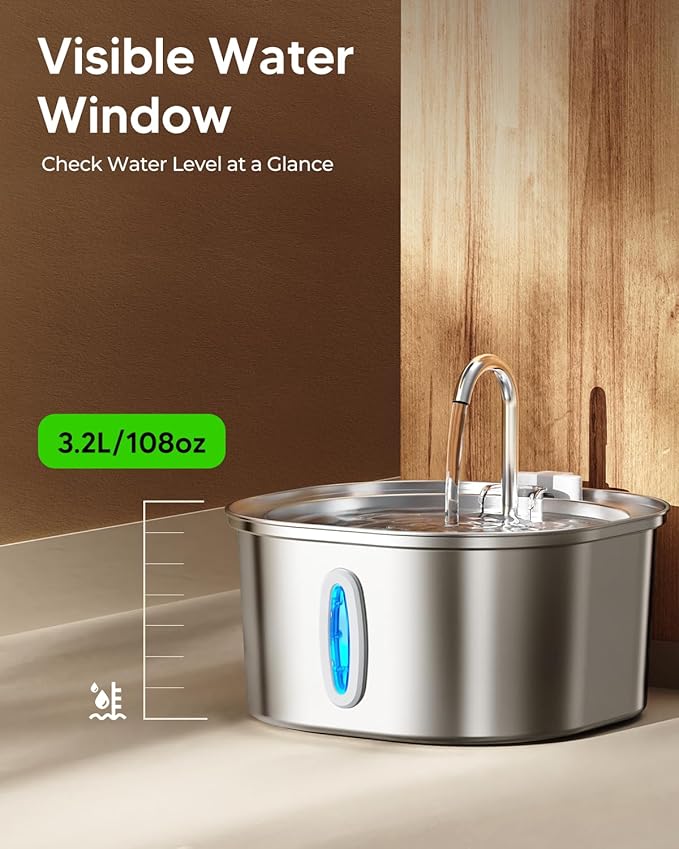 PEKTACO Stainless Steel Cat Water Fountain, 3.2L/108oz Cat Water Dispenser with Quiet Water Pump and Water-Level Window, Dishwasher Safe Pet Drinking Fountain for Cats with 6 Filters + 6 Sponges