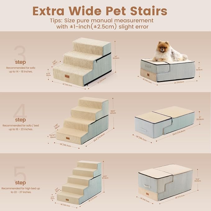 Gardner Pet Dog Stairs for Small Dogs 14" H, 3-Step Extra Wide Dog Steps for Bed, Pet Stairs for Bed and Couch with Durable Non-Slip Waterproof Fabric Cover and Soft Foam, Beige