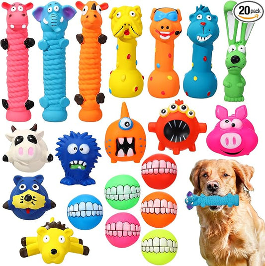 Shappy 20 Pcs Squeaky Dog Toys, Latex Rubber Dog Toys Bulk Soft Squeak Chew Balls Assorted Animals Puppy Fetch Interactive Play for Medium Large Pets(Cute)
