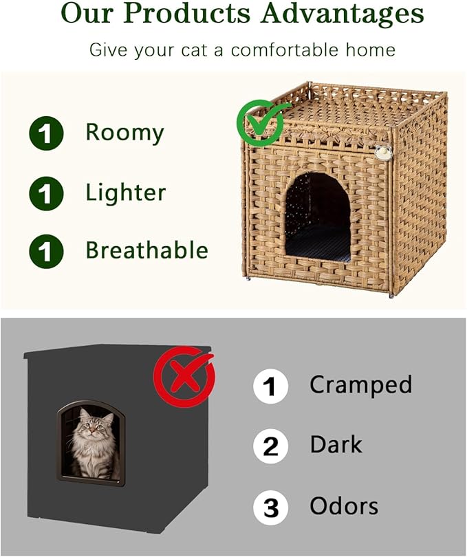 SETVSON Cat Litter Box Enclosure Furniture, Hidden Litter Box with Mat and Fence, Handwoven Rattan Cat House with Two S-Shaped Hooks for Living Room, Bedroom, 18.5 x 20.5 x 19.1 Inches (Natural)