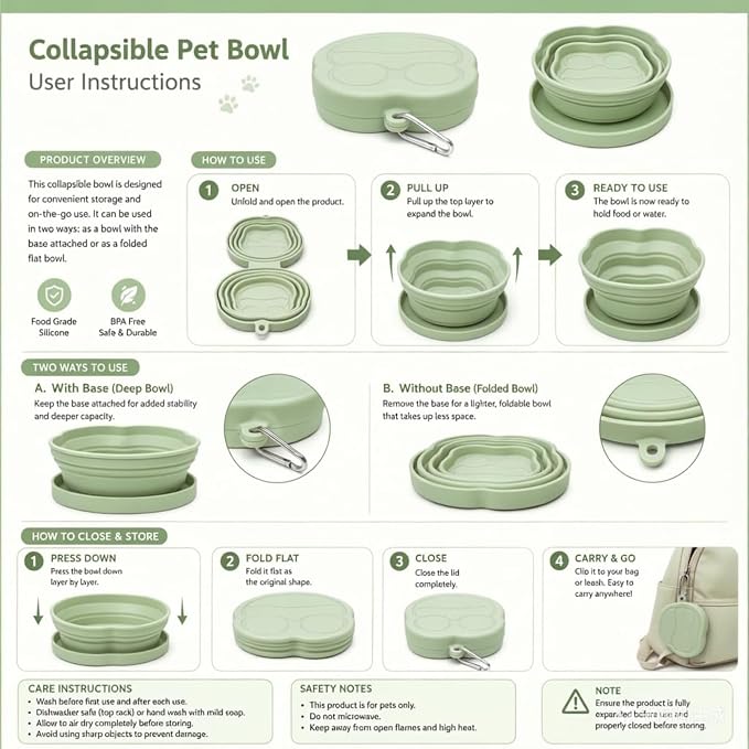 Portable Collapsible Dog Bowl, 2-in-1 Foldable Pet Feeding & Water Dish with Carabiner Lightweight Travel Bowl for Dogs & Cats, Perfect for Walking, Hiking, Camping (Green)