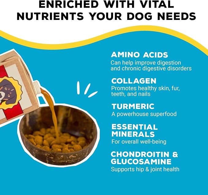 Brutus Beef Bone Broth for Dogs - All Natural Bone Broth with Chondroitin Glucosamine & Turmeric, Human Grade Food Toppers for Picky Eaters & Dry Food-Tasty & Nutritious, Pack of 12