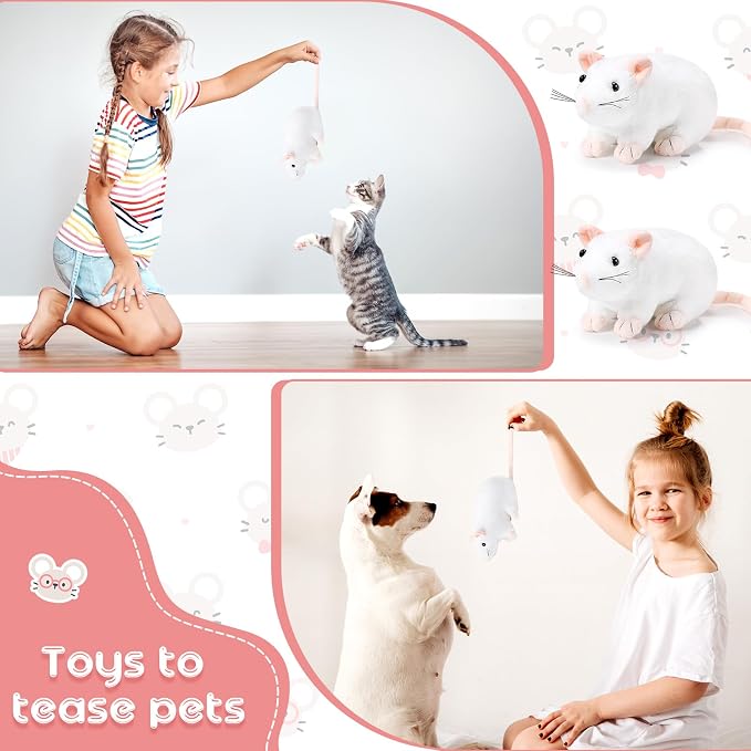 Kasyat 4 Pcs Fake Rat Stuffed Animals 7 Inch Fake Mouse Plush Toys Soft Cuddly Stuffed Mouse Realistic Rat Plushies for Birthday Prank Props April Fools Tricks(White)