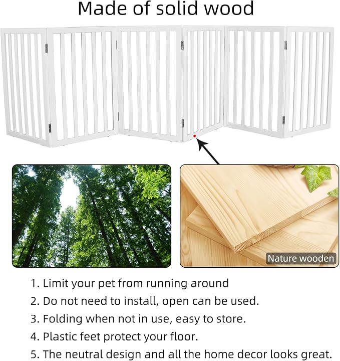 Dog Gate Indoor, Freestanding Dog Fence for The House, Doorways, Hallways,or Stairs,Pet Gate Foldable Wooden,Expandable 32" Height 6 Panels,White