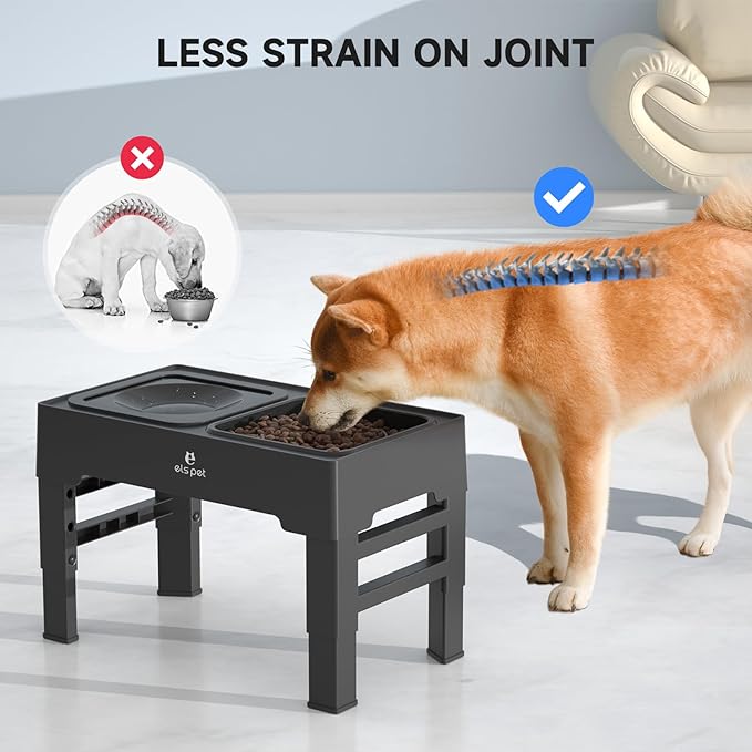 ELS PET Elevated Dog Bowls, Adjustable Raised Dog Bowls with No Spill Dog Water Bowl and Slow Feeder, Sturdy Non-Tip, Joint-Friendly Stand for Small Medium Large Dogs, Cats & Pets, Removable Bowls