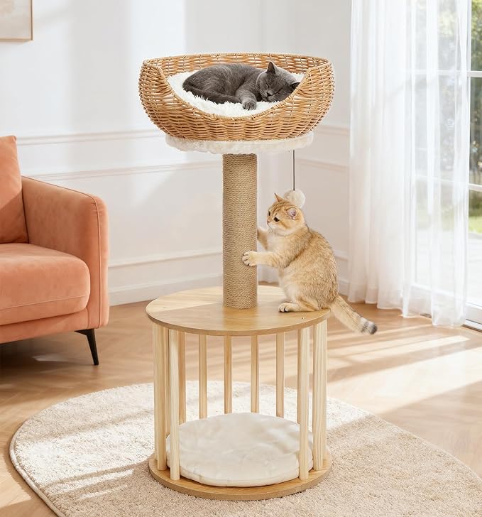 Made4Pets 30in PE Rattan Cat Tree Tower with Scratching Post, Birdcage-Style Wooden Condo with Reversible Cushion & Thickened Base, Handwoven Wicker Basket Bed and Plush Cushion Top Perch