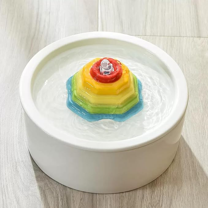 Ceramic Cat Water Fountain Rainbow Cats Tower Water Dispenser 1.5L/50.73oz Dog Water Bowl Dispenser Cat Fountain for Cats Indoor Ultra Quiet Pump Pets Water Bottle Round