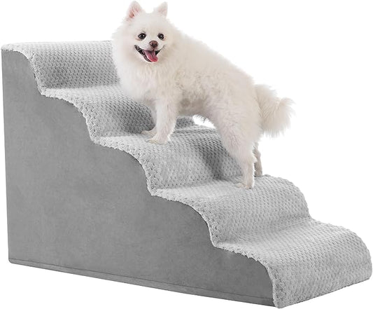 Dog Stairs Ramp, Curved 5-Step Dog Steps for Small Dogs and Cats, Pet Stairs for High Beds and Couch with Anti-Slip Washable Cover and Durable High Density Foam, Grey