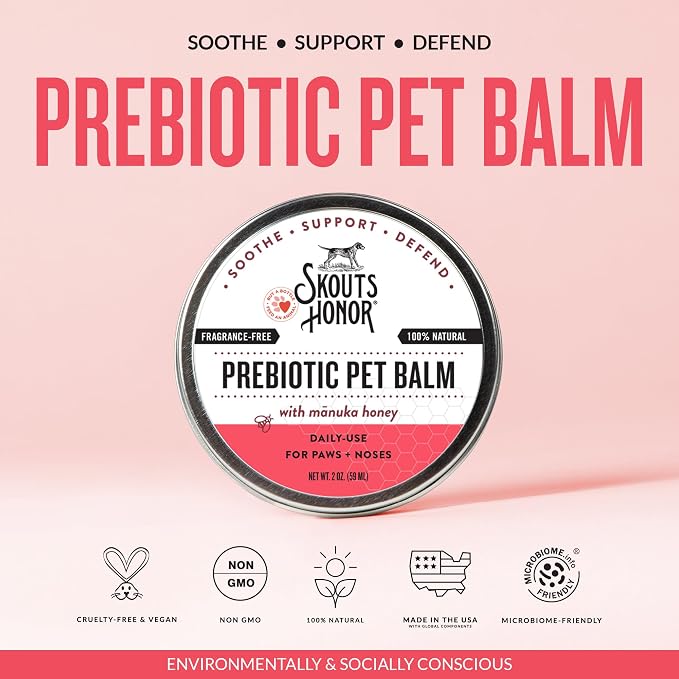 SKOUT'S HONOR Prebiotic Pet Balm - 100% Natural and Made w/Manuka Honey to Promote Healing of Your pet's paw Pads and Nose, Soothes Dry, Itchy Paws and Noses - Safe for Cats and Dogs, 2oz, 1-Pack