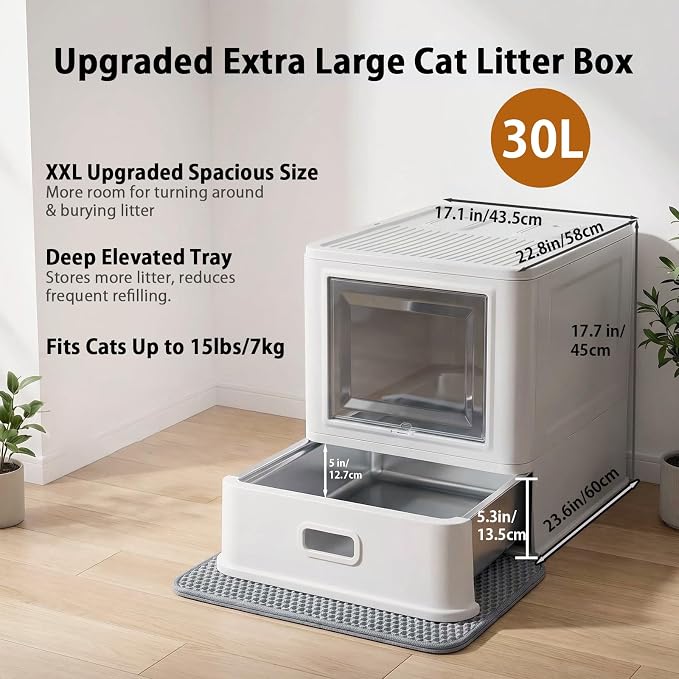 Marchul Enclosed Stainless Steel Cat Litter Box XL with Lid & Deeper Drawer Design for Indoor Cats, Metal Covered Litter Box, Baffles for Anti-Leakage, with Litter Scoop & Litter Mat