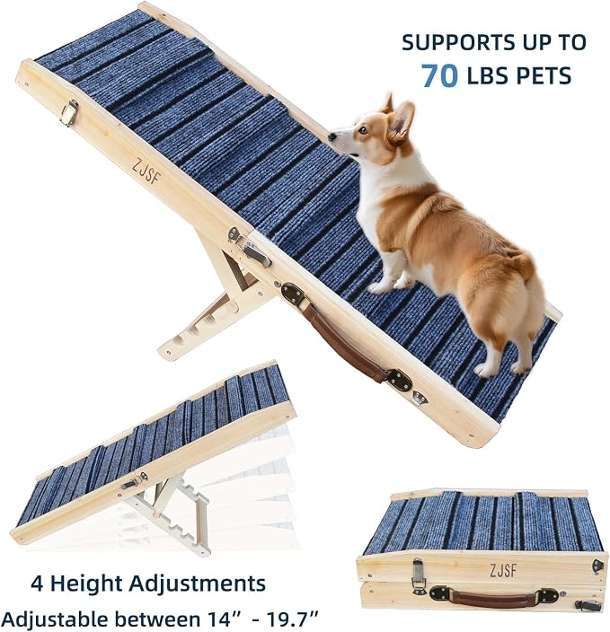 ZJSF Foldable Wooden Dog Ramp for High Bed, Dog Stairs for Small Dogs, High Traction Platform with 4 Adjustable Heights (14"-19.7"), 33" L, Supports up to 70 lbs