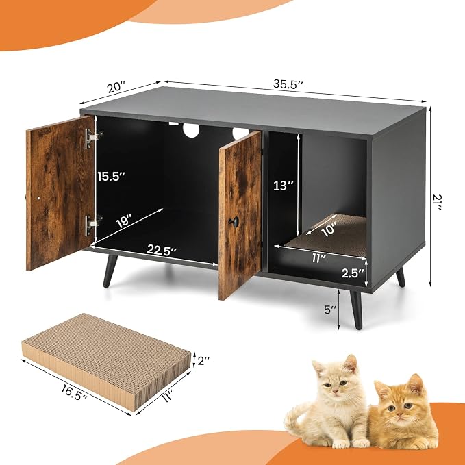 Giantex Cat Litter Box Enclosure, Hidden Cat Washroom Furniture, 2-Door Cabinet, Front Entry, 3 Vent Holes, Cat Scratching Pad, Wooden Pet House Crate End Table for Living Room (Black & Rustic Brown)