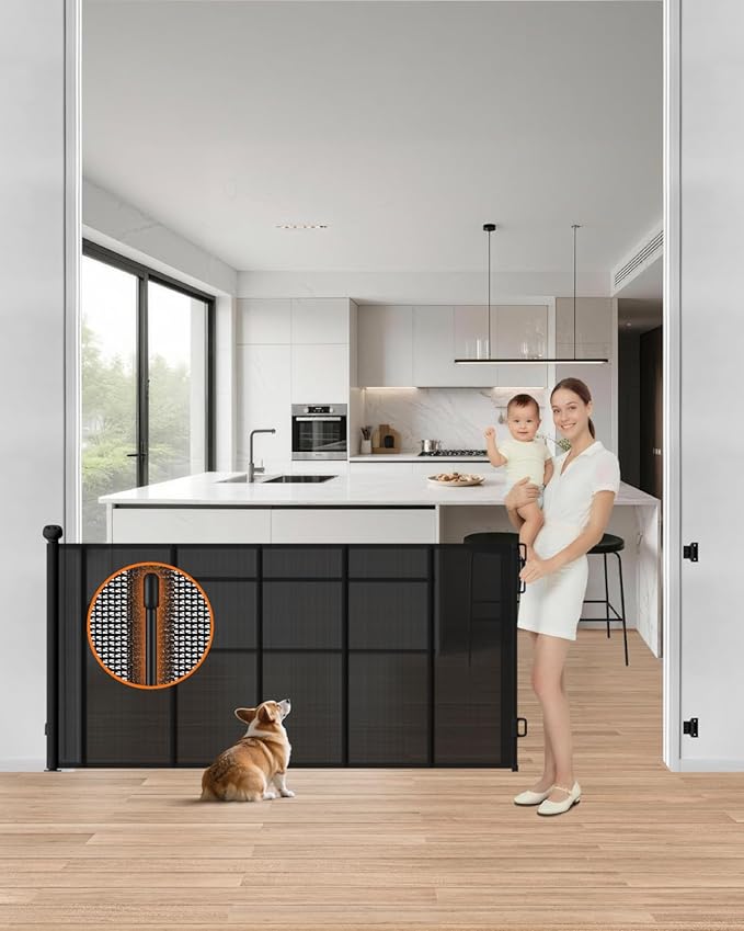 Retractable Baby Gate, 71" Wide 34" Tall Reinforced Mesh Baby Gate for Open Kitchens and Wide Doorways, One-Hand Operation Retractable Dog Gate, Fits Baseboards, Black