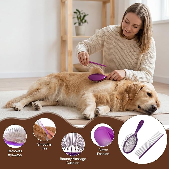 2PCS Slicker Brush for Dogs, Professional Pet Grooming Brush, 27mm Oval Stainless Steel Pin, Sparkle Glitter Handle, Anti-Static Round-Tipped Pins, Gentle Massage & Shedding Comb for Long Haired Dogs