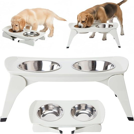 MalsiPree Elevated Dog Bowls for Small Dogs - 6.5" Raised Dog Bowl Stand with Splash Guard - Portable Folding Pet Feeding Station with 2 Stainless Steel Bowls - Travel Road Trip Foldable Collapsible