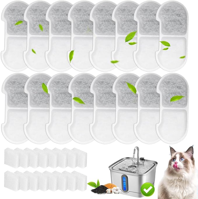 16+16 Pack Replacement Filters for SEIRMEP 101oz/3L Stainless Steel Cat Water Fountain, Includes 16 Filters & 16 Sponges