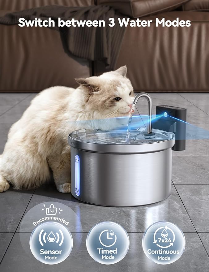 Wireless Stainless Steel Cat Water Fountain, 3.5L Pet Water Fountain for Cats/Dogs with 6 Pack Filter+6 Park Pump Filter Sponges Replacement