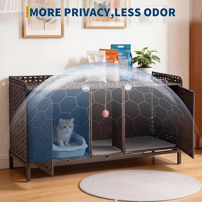 Cat Litter Box Enclosure Furniture, Handwoven Rattan Cat Houses, Hidden Cat Washroom Furniture with Door/Mat, Large Space Cat Houses with S-Shaped Hooks, Living Room, Bedroom, Brown