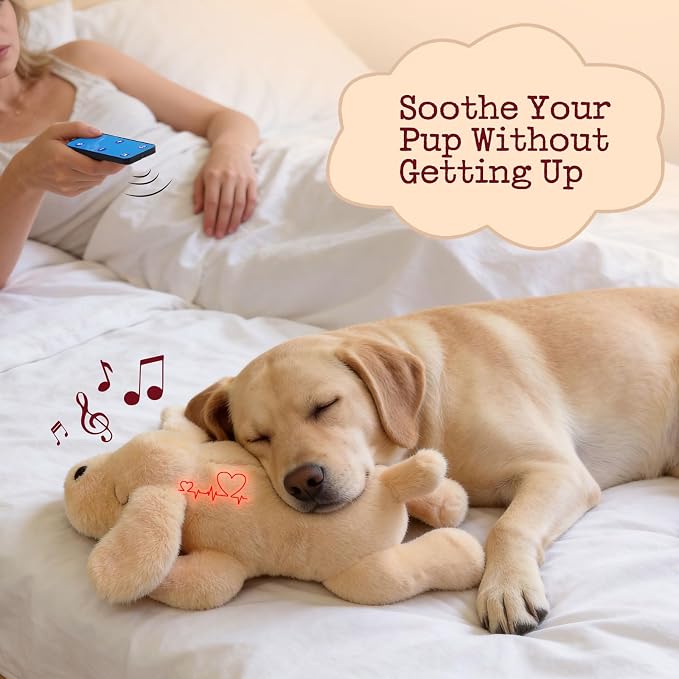 Fuzzwoof Remote Controlled Heartbeat Dog Toy, 8-Sounds & Heartbeat Simulation Plush Toy for Puppy Sleep Aid & Anxiety Relief, Crate Training, Rechargeable Calming Companion