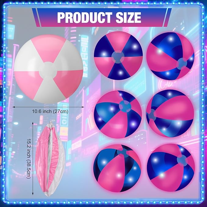 MiniInflat 12 Pcs Light up Beach Balls 16'' Jumbo Pool LED Balls Glow in the Dark Neon Giant Inflatable for Summer Hawaiian Tropical Theme Beach Party Decor Water Accessory (Pink)