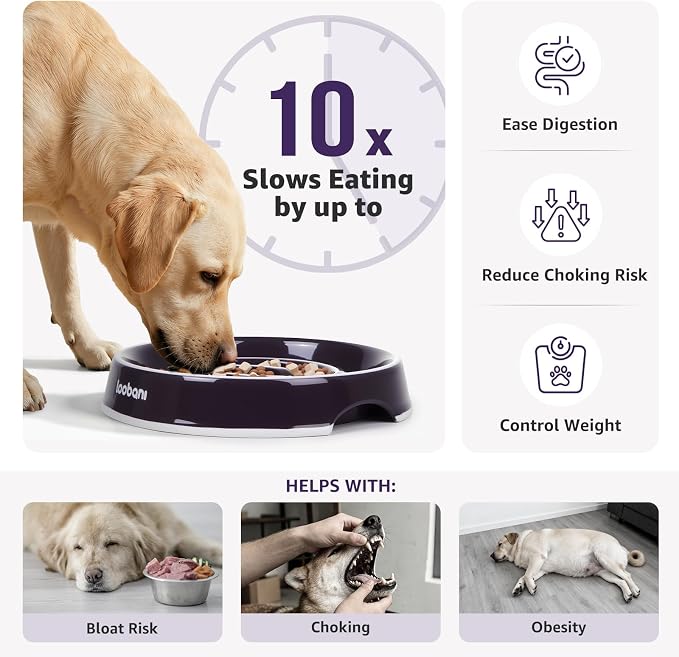 LOOBANI Slow Feeder Dog Bowls - 3.5 Cups Ceramic Slow Feeder Dog Bowls for Large Dogs, Slow Feeding Easy-Grip Handles, Perfect for Fast Eaters Goldens, Labradors & Huskies (L, Purple)
