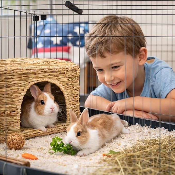 HERCOCCI Extra Large Grass House for Rabbit, Foldable & Comfortable - Small Animal Hut Play Hideaway Bed Hay Mat Chew Toy for Bunny Guinea Pig Hamster Chinchilla (1 Pack)