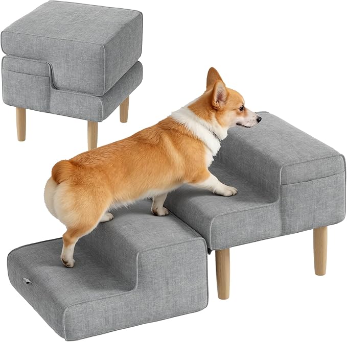 PakaLife Foldable 2-in-1 Dog Ramp Ottoman, Solid Wood Dog Steps for Bed & Couch, Washable Cover, 135lb Capacity, for Small, Senior Dogs & Old Cats to Get on Bed(Only for Small Dogs)