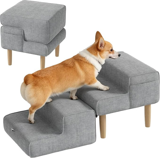 PakaLife Foldable 2-in-1 Dog Ramp Ottoman, Solid Wood Dog Steps for Bed & Couch, Washable Cover, 135lb Capacity, for Small, Senior Dogs & Old Cats to Get on Bed(Only for Small Dogs)