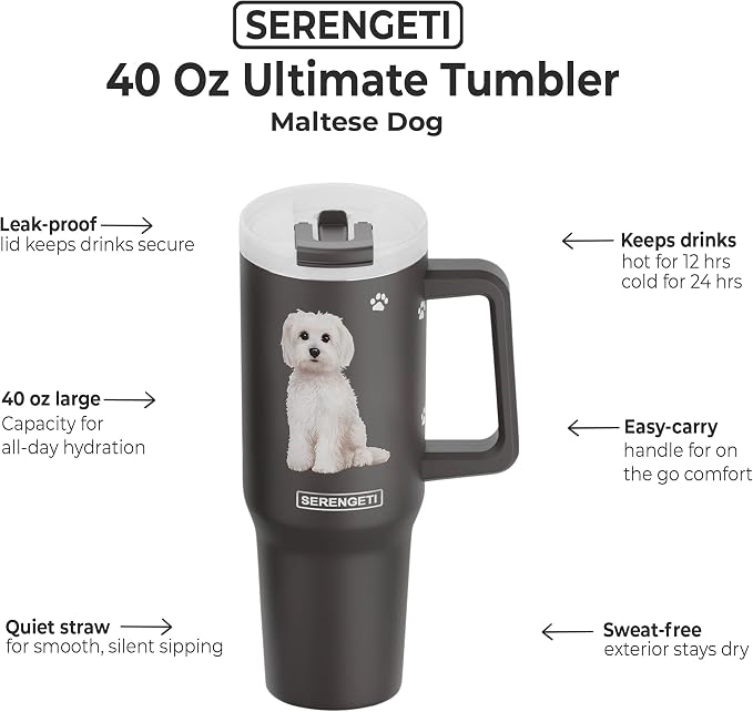 E&S Pets SERENGETI 40 Oz Ultimate Tumbler with Handle and Straw - Vacuum Insulated Tumbler with Straw and Lid - Stainless Steel Travel Mug for Pet Lovers - 3D Designs of your favorite Dog (Maltese)