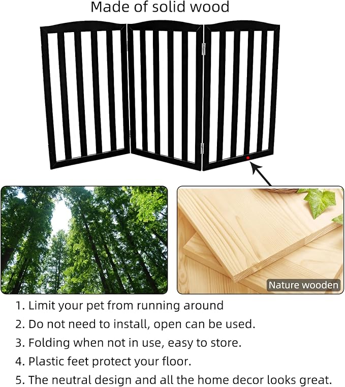 Freestanding Dog Gate Indoor,Doggie Gate Foldable Pet Gates for Doorways,Stairs or Hallways, Wooden Black Pet Gate for the House, Pet Fence,32 "Height-3 Panels