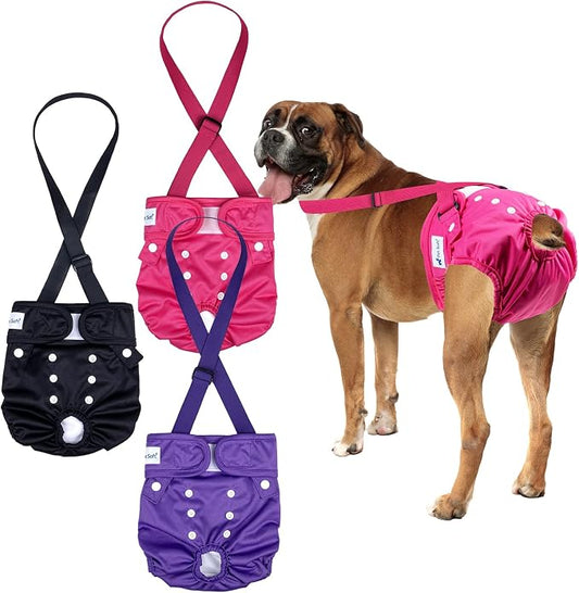 Pet Soft Dog Diapers Female with Suspenders, 3 Pack Reusable Female Dog Diapers for Heat, Dog Period Panties for Doggie in Cycle(X-Large, Berry Mix)