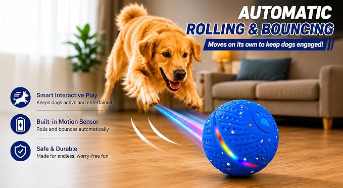 Smart Interactive Dog Ball Toy for Small Medium Large Dogs – Automatic Rolling & Bouncing Ball with RGB Lights, E-TPU Chew Resistant Dog Toy for Indoor Play & Boredom Relief