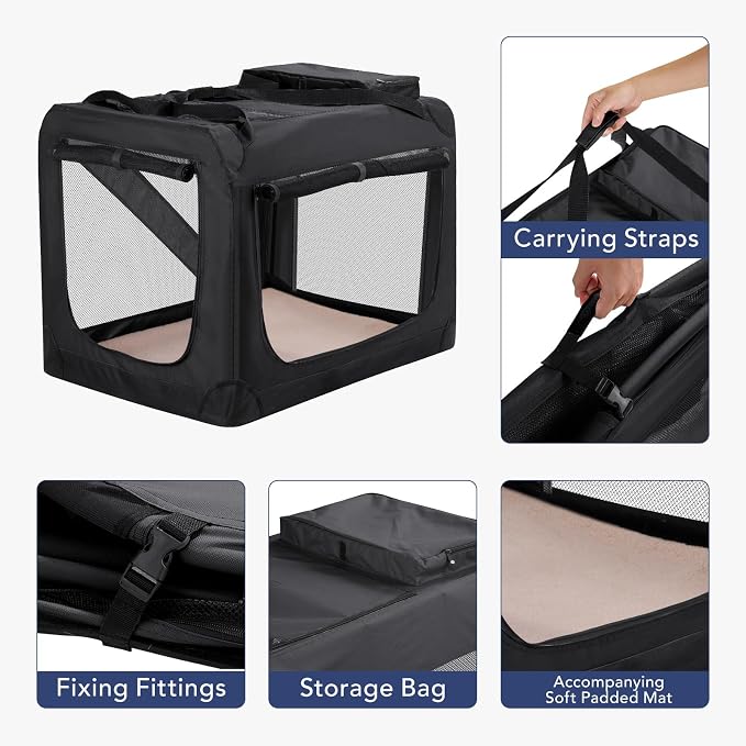 HICC PULE Collapsible Portable Dog Crate, 36 Inch Large Dog Crate Ideal as Travel Dog Crate for Large/Medium Dogs, 3-Door Soft-Sided Pet Kennel for Indoor & Outdoor, Car Trip, Black
