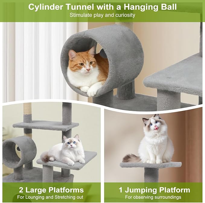 Tangkula Cat Tree Tower, 48 Inch Multi-Level Cat Tower with Large Condo, Sisal Scratching Post, Padded Top Perch, Tunnel, Hanging Ball, 3 Jumping Platforms for Indoor Cats (Light Gray)
